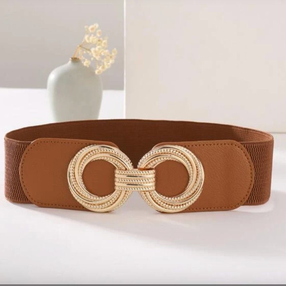 Brown Round Buckle Wide Elastic Belt